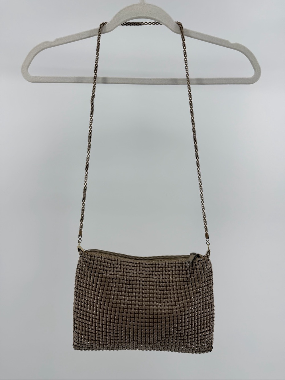 Vintage Taupe Metallic Mesh Shoulder Bag with Gold Chain Strap